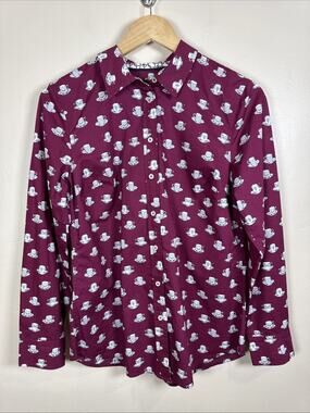 Talbots Womens Button Up Shirt S Teacup Coffee Mug Print Twee Novelty Print